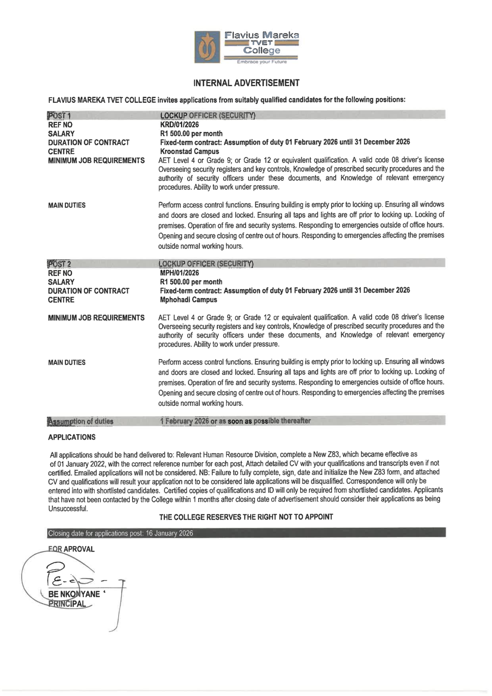 Advert internal lockup officers